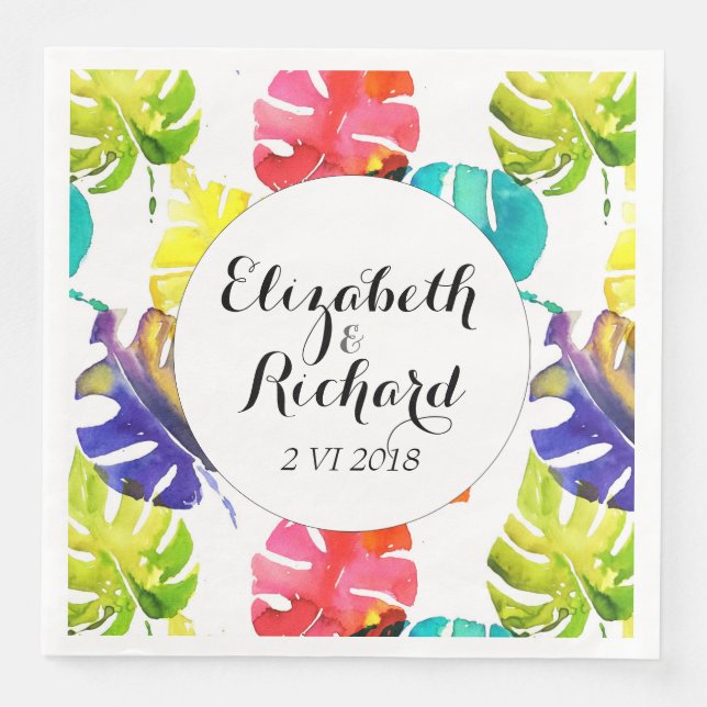 Watercolor Tropical Leaves wedding  monogram Napkin (Front)