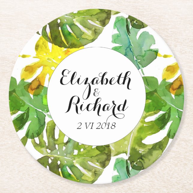 Watercolor Tropical Leaves wedding  monogram Round Paper Coaster (Front)