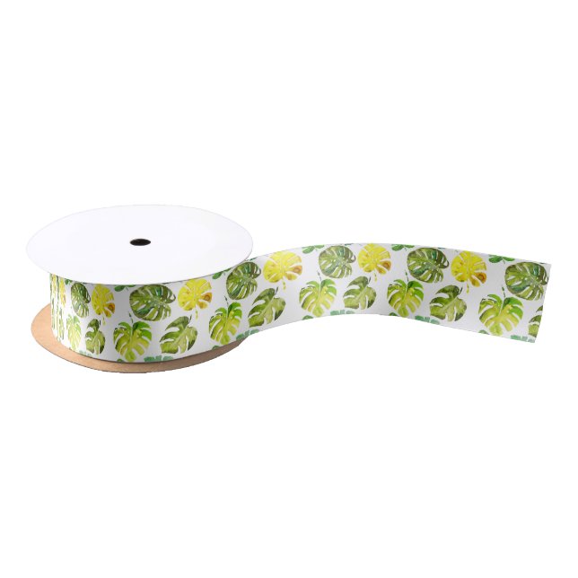 Watercolor Tropical Leaves wedding  monogram Satin Ribbon (Spool)