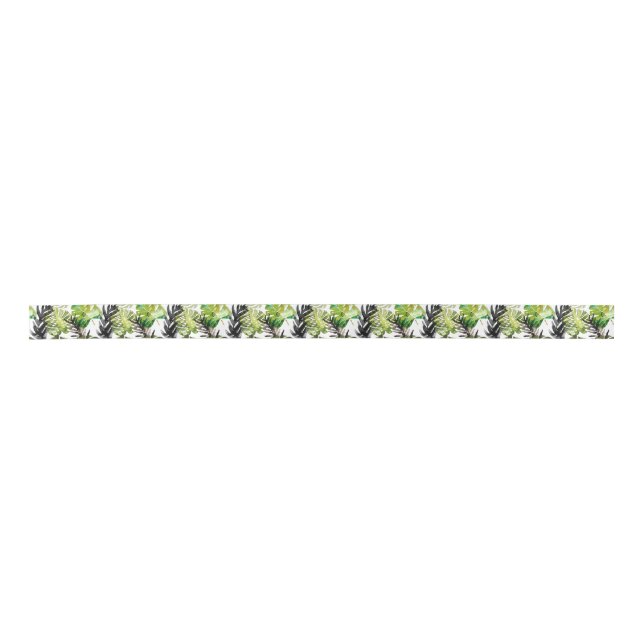 Watercolor Tropical Leaves wedding  monogram Satin Ribbon (Front)