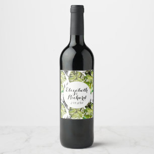 Watercolor Tropical Leaves wedding  monogram Wine Label