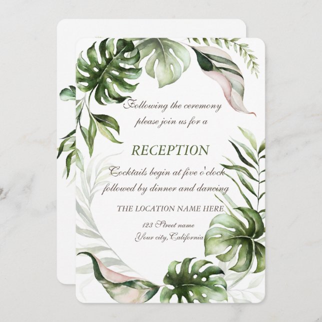 Watercolor Tropical Leaves Wedding Reception  Invitation (Front/Back)