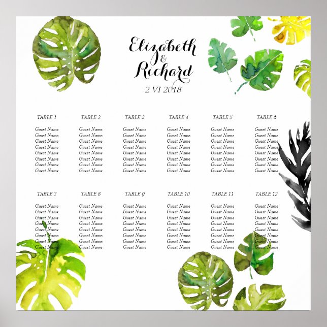 Watercolor Tropical Leaves wedding Seating Chart (Front)