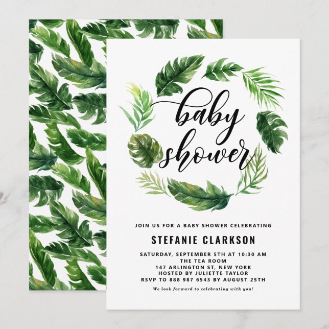 Watercolor Tropical Leaves Wreath Baby Shower Invitation (Front/Back)