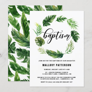 Watercolor Tropical Leaves Wreath Baptism Invitation