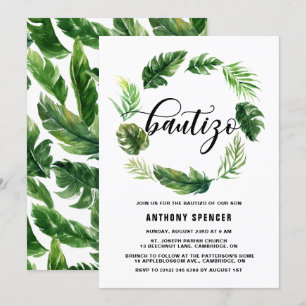 Watercolor Tropical Leaves Wreath Bautizo Invitation