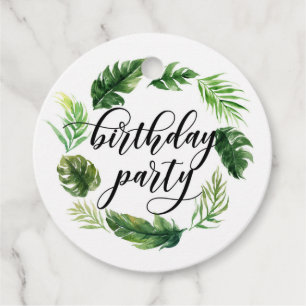 Watercolor Tropical Leaves Wreath Birthday Luau Favour Tags