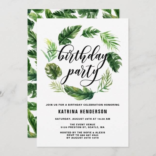 Watercolor Tropical Leaves Wreath Birthday Party Invitation (Front/Back)