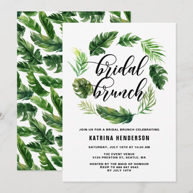 Watercolor Tropical Leaves Wreath Bridal Brunch Invitation (Front/Back)