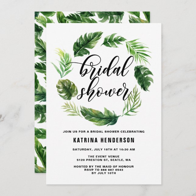 Watercolor Tropical Leaves Wreath Bridal Shower Invitation (Front/Back)