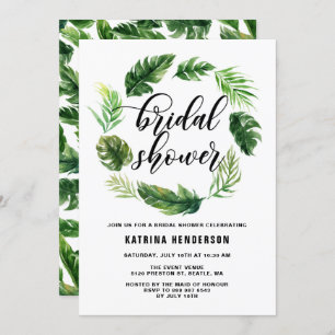 Watercolor Tropical Leaves Wreath Bridal Shower Invitation
