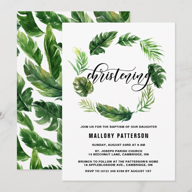 Watercolor Tropical Leaves Wreath Christening Invitation (Front/Back)