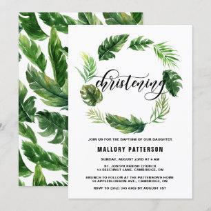 Watercolor Tropical Leaves Wreath Christening Invitation
