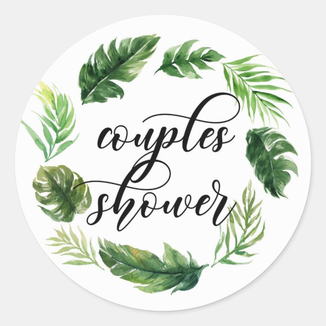 Watercolor Tropical Leaves Wreath Couples Shower Classic Round Sticker (Front)