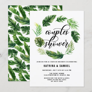 Watercolor Tropical Leaves Wreath Couples Shower Invitation