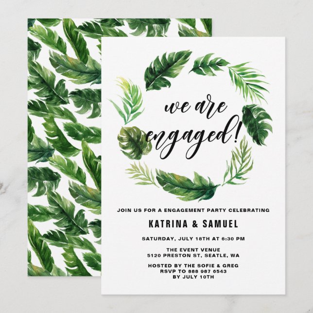 Watercolor Tropical Leaves Wreath Engagement Party Invitation (Front/Back)