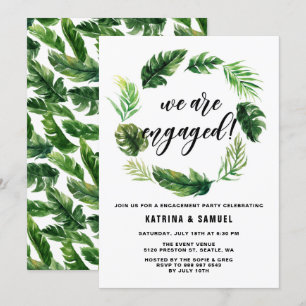 Watercolor Tropical Leaves Wreath Engagement Party Invitation