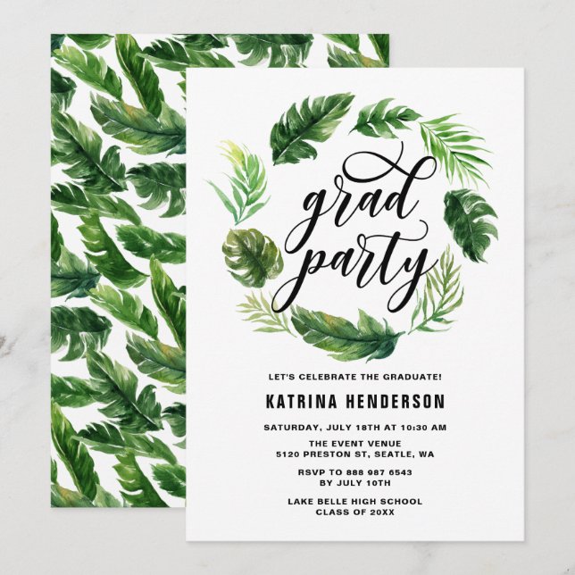 Watercolor Tropical Leaves Wreath Graduation Party Invitation (Front/Back)