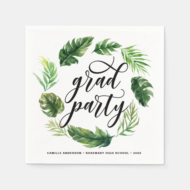 Watercolor Tropical Leaves Wreath Graduation Party Napkin (Front)