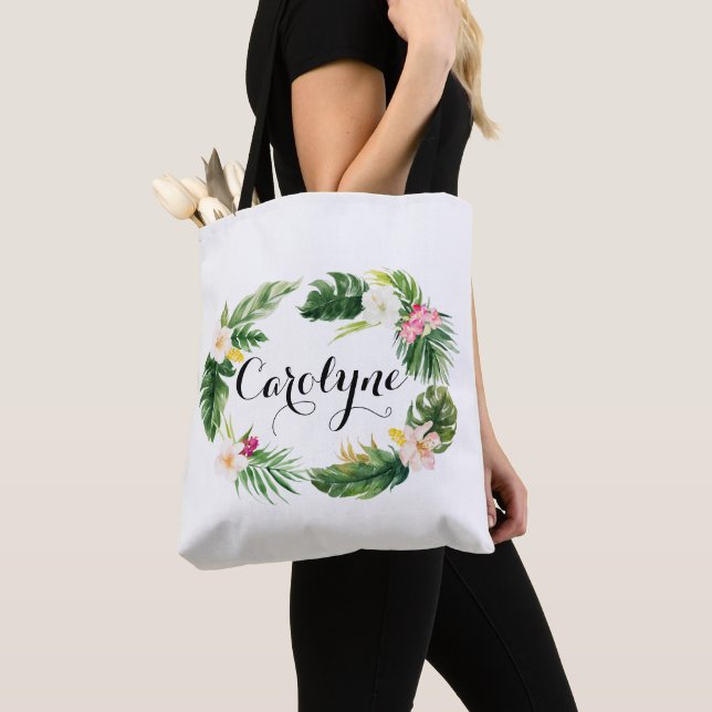 Watercolor Tropical Leaves Wreath Personalised Tote Bag (Close Up)