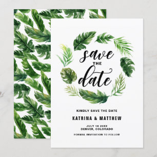 Watercolor Tropical Leaves Wreath Save the Date
