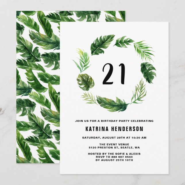 Watercolor Tropical Leaves Wreath Summer Birthday Invitation (Front/Back)