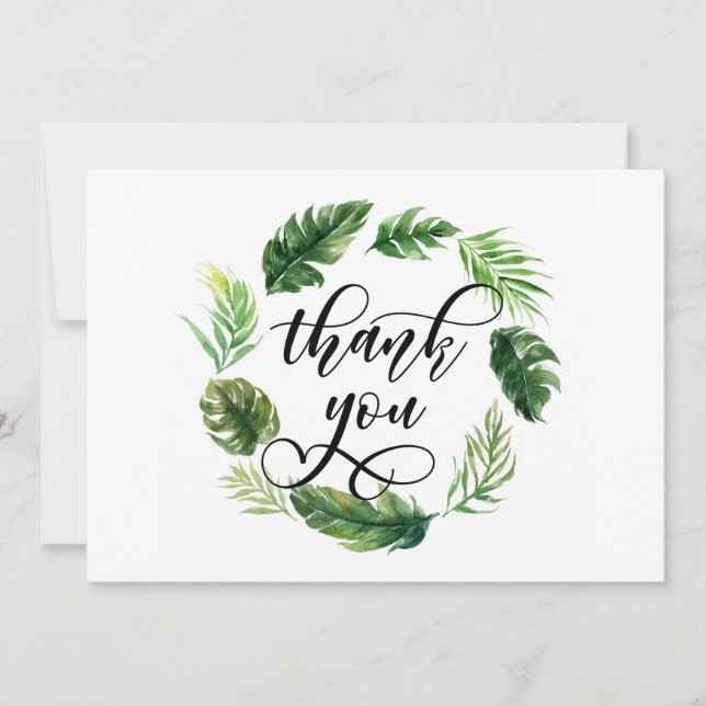 Watercolor Tropical Leaves Wreath Thank You Card (Front)