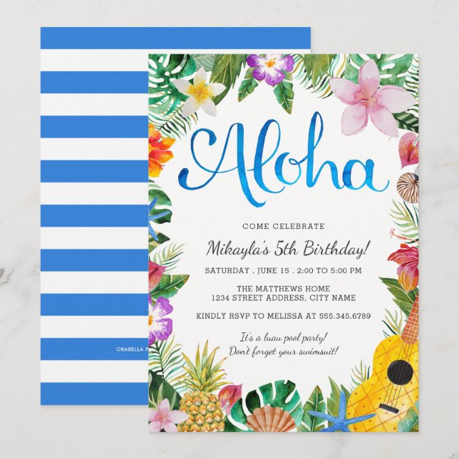 Watercolor Tropical Luau Birthday Party Invite (Front/Back)