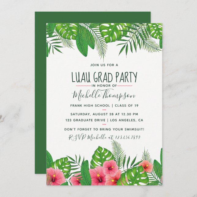 Watercolor tropical Luau Graduation Party Invitation (Front/Back)