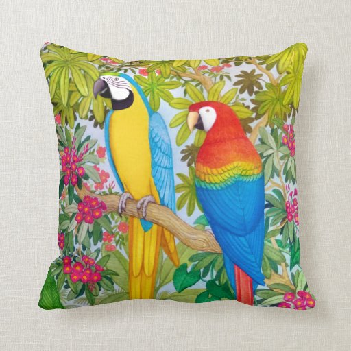Image of Watercolor Tropical Macaw Parrots Pillow