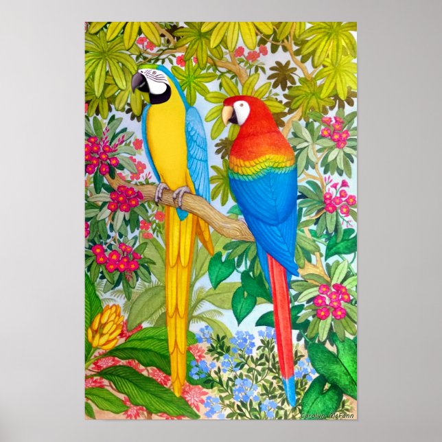 Watercolor Tropical Macaw Parrots Poster (Front)