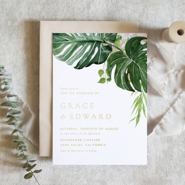 Watercolor Tropical Monstera Greenery Wedding (A tropical gold foil wedding invitation featuring watercolor monstera leaves and greenery. )