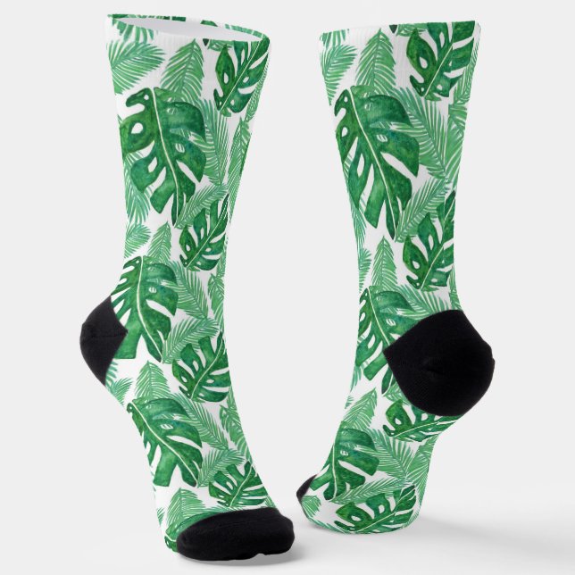 Watercolor Tropical Monstera Leaf Pattern Socks (Angled)