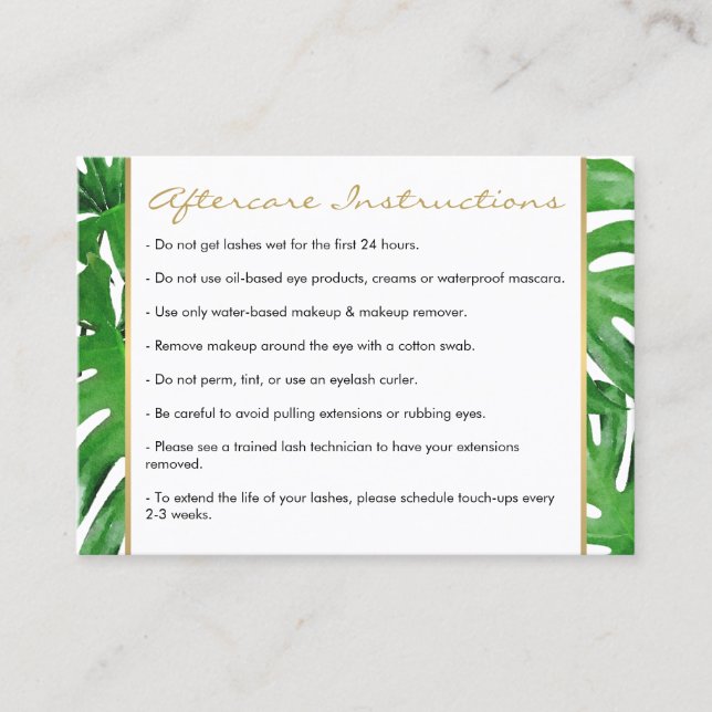 Watercolor Tropical Monstera Leaves Aftercare Card (Front)