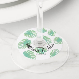 Watercolor Tropical Monstera Leaves  - Couple Name Wine Glass Tag