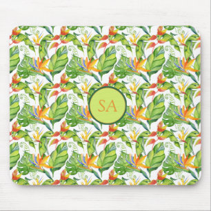Watercolor Tropical Monstera Leaves Monogrammed Mouse Mat