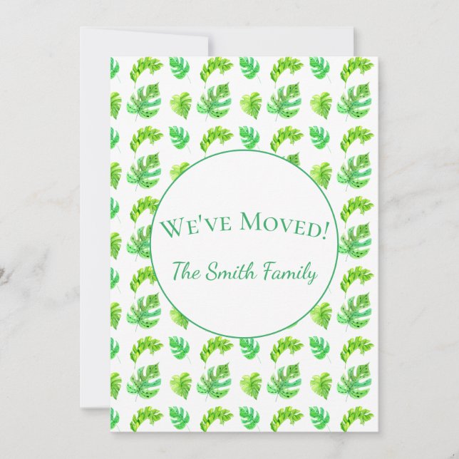 Watercolor Tropical Monstera Leaves New Address Announcement (Front)