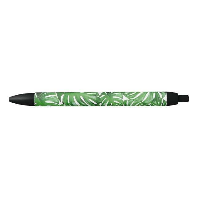 Watercolor Tropical Monstera Leaves Pattern Black Ink Pen (Front)