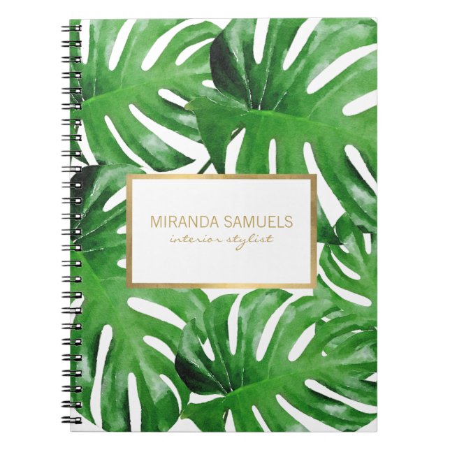 Watercolor Tropical Monstera Leaves Pattern Notebook (Front)