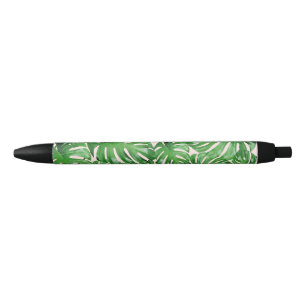 Watercolor Tropical Monstera Leaves Pattern Pink Black Ink Pen