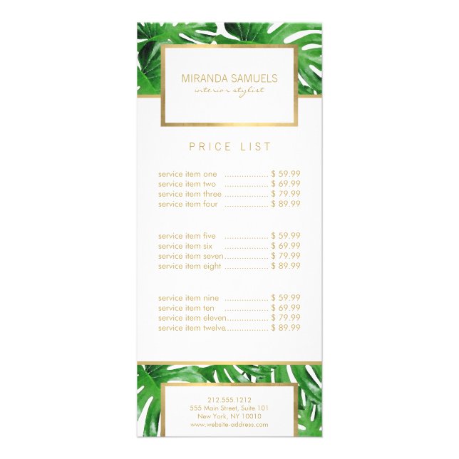 Watercolor Tropical Monstera Leaves Pattern Rack Card (Front)