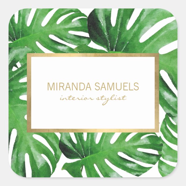 Watercolor Tropical Monstera Leaves Pattern Square Sticker (Front)