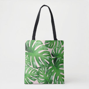Watercolor Tropical Monstera Leaves Patterned Pink Tote Bag