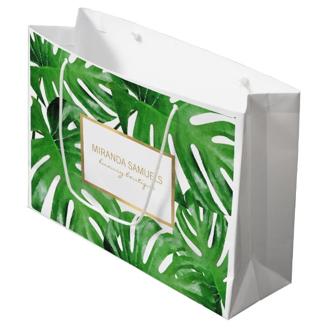 Watercolor Tropical Monstera Leaves Personalised Large Gift Bag (Front Angled)