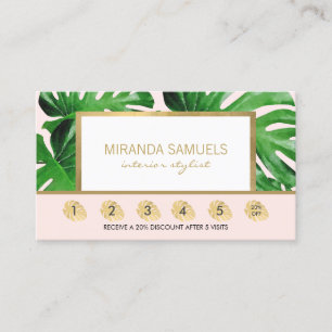 Watercolor Tropical Monstera Leaves Pink Loyalty Card