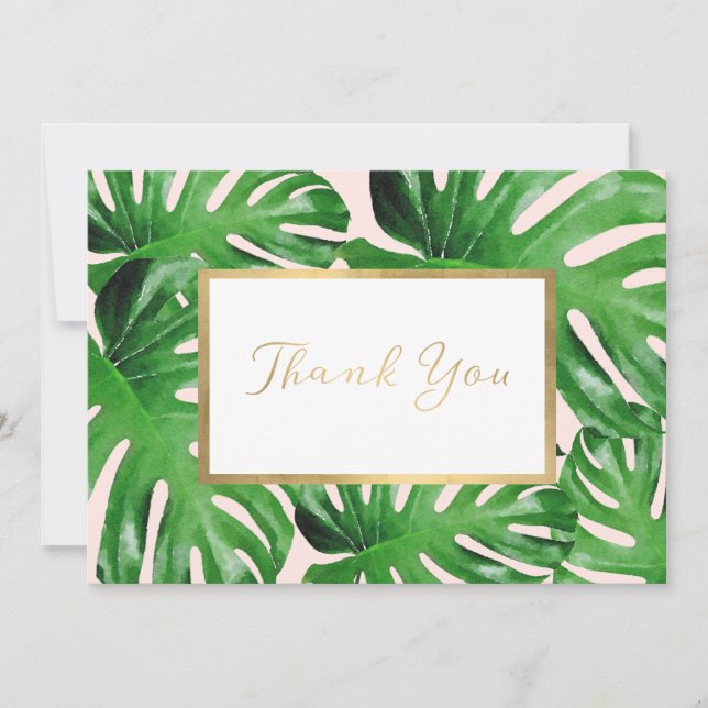 Watercolor Tropical Monstera Leaves Pink Thank You Card (Front)