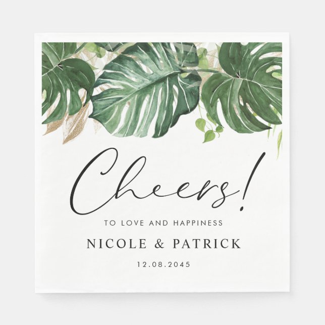 Watercolor Tropical Monstera Leaves Summer Wedding Napkin (Front)