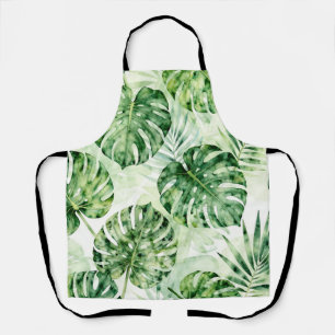 Watercolor Tropical Monstera Palm Leaves Pattern Apron