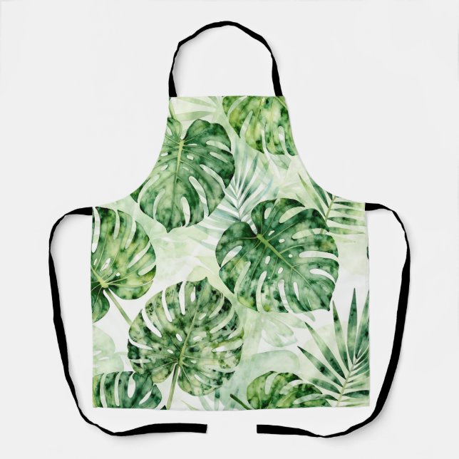 Watercolor Tropical Monstera Palm Leaves Pattern Apron (Front)