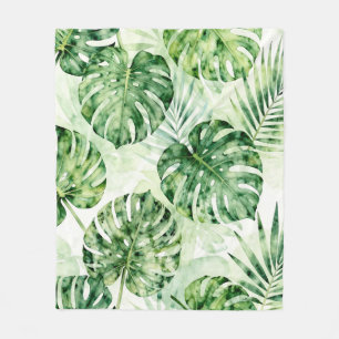 Watercolor Tropical Monstera Palm Leaves Pattern Fleece Blanket